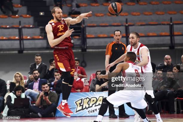 Sinan Guler of Galatasaray Odeabank in action during the Turkish Airlines Euroleague Basketball match between Olympiacos Piraeus and Galatasaray...