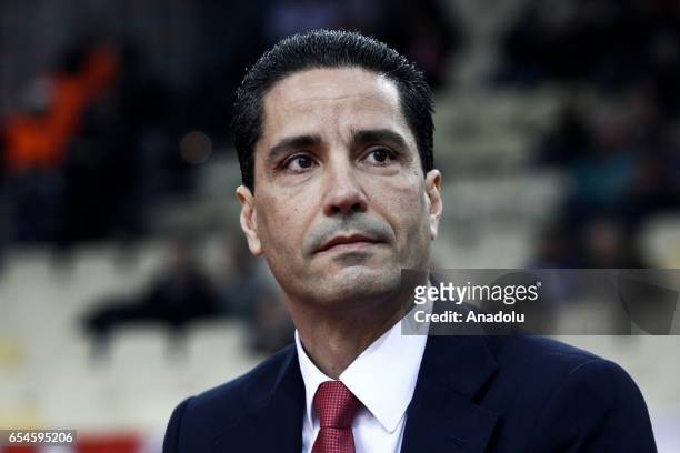 Giannis Sferopoulos, coach of Olympiacos Piraeus is seen during the Turkish Airlines Euroleague Basketball match between Olympiacos Piraeus and...