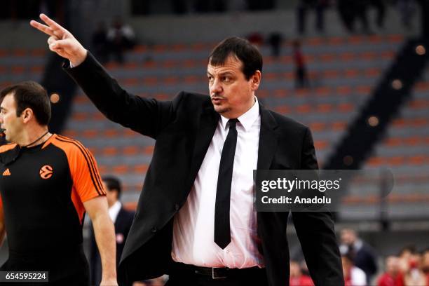 Ergin Ataman, coach of Galatasaray Odeabank Istanbul is seen during the Turkish Airlines Euroleague Basketball match between Olympiacos Piraeus and...