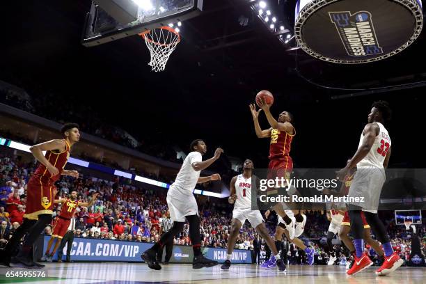 De'Anthony Melton of the USC Trojans drives to the basket in the second half against the Southern Methodist Mustangs during the first round of the...