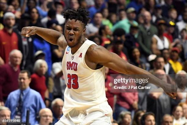 Semi Ojeleye of the Southern Methodist Mustangs reacts in the second half against the USC Trojans during the first round of the 2017 NCAA Men's...