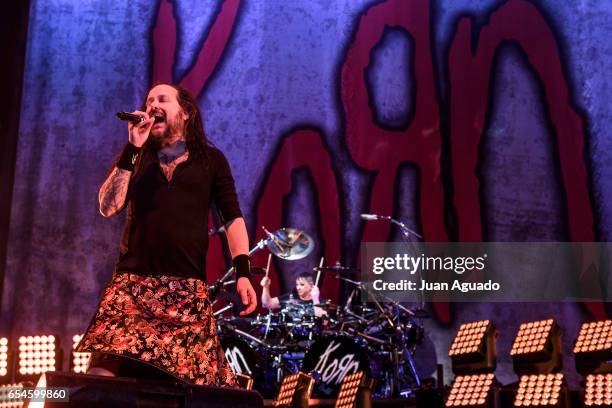 Jonathan Davis and Ray Luzier of Korn perform on stage at Wizink Center on March 17, 2017 in Madrid, Spain.