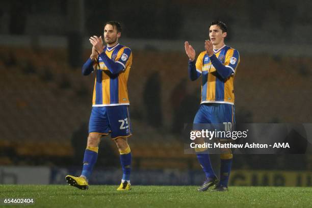 Alex Rodman and Louis Dodds of Shrewsbury Town applaud the fans after the 2-1 defeat during the Sky Bet League One match between Port Vale and...