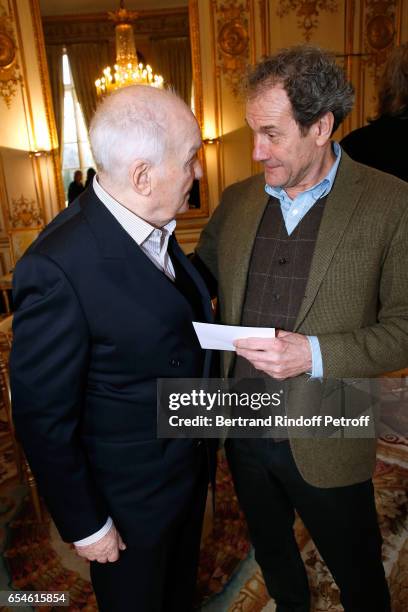 Michel Bouquet and Francis Lombrail attend Michel Bouquet is elevated to the Rank of "Grand Officier de la Legion d'Honneur" at Elysee Palace on...