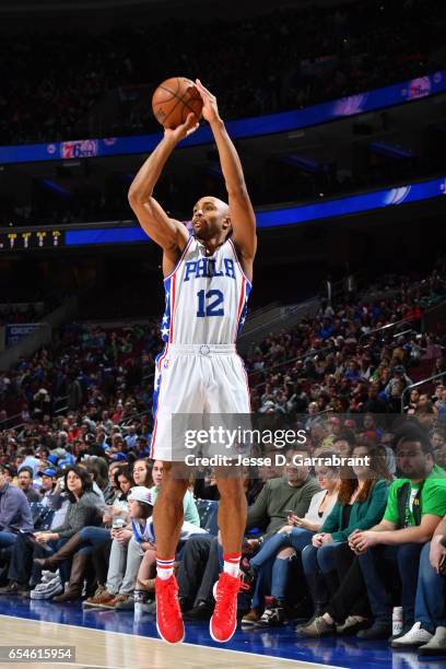 Gerald Henderson of the Philadelphia 76ers shoots the ball against the Dallas Mavericks at Wells Fargo Center on March 17, 2017 in Philadelphia,...