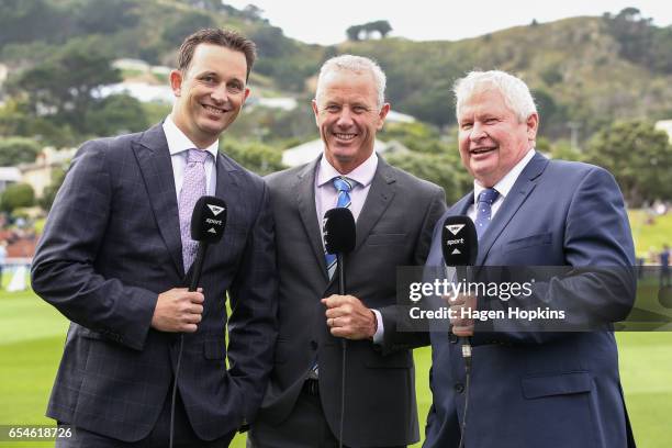 To R, Sky Television presenters and former New Zealand international cricketers Shane Bond, Mark Richardson and Ian Smith look on during day three of...