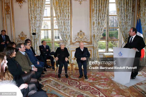 Viktor Lazlo, Francis Lombrail, Jean-Claude Camus, Juliette Carre, her husband Michel Bouquet and Francois Hollande attend Michel Bouquet is elevated...