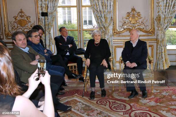 Viktor Lazlo, Francis Lombrail, Jean-Claude Camus, Juliette Carre, her husband Michel Bouquet and Francois Hollande attend Michel Bouquet is elevated...