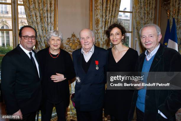 French President Francois Hollande, Juliette Carre, her husband Michel Bouquet, French Minister of Culture and Communication, Audrey Azoulay and...