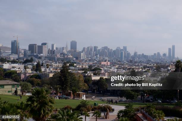 san francisco skyline from mission dolores park - mission district stock-fotos und bilder