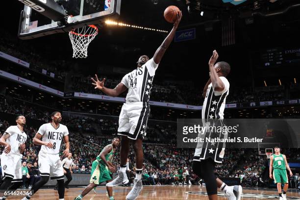 Andrew Nicholson of the Brooklyn Nets grabs the rebound during a game against the Boston Celtics on March 17, 2017 at Barclays Center in Brooklyn,...