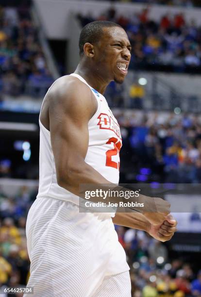 Kendall Pollard of the Dayton Flyers reacts in the second half against the Wichita State Shockers during the first round of the 2017 NCAA Men's...