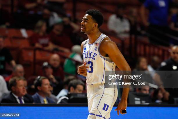 Matt Jones of the Duke Blue Devils reacts in the first half against the Troy Trojans during the first round of the 2017 NCAA Men's Basketball...