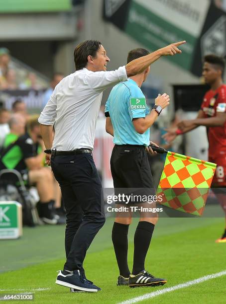 Head coach Roger Schmidt of Leverkusen gestures during the Bundesliga match between Borussia Moenchengladbach and Bayer 04 Leverkusen at...