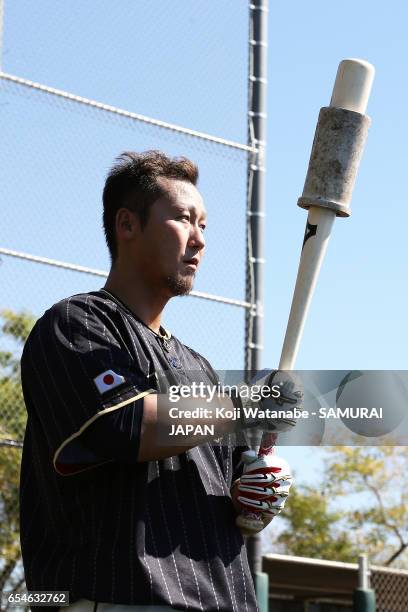 Sho Nakata of Japan in action during a workout ahead of the World Baseball Classic Championship Round at Camelback Ranch on March 17, 2017 in...