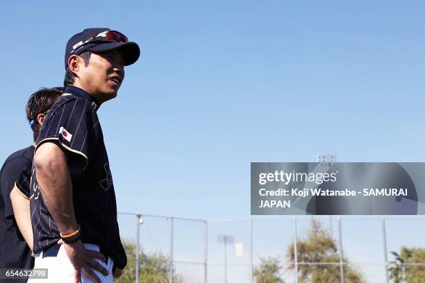 Manager Hiroki Kokubo of Japan in action during a workout ahead of the World Baseball Classic Championship Round at Camelback Ranch on March 17, 2017...