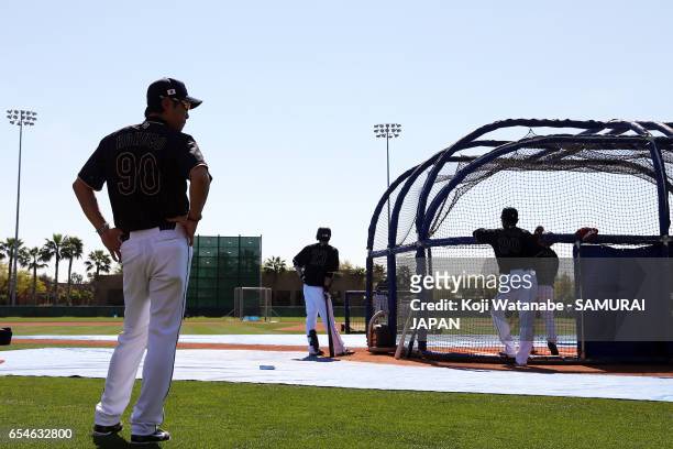 Manager Hiroki Kokubo of Japan in action during a workout ahead of the World Baseball Classic Championship Round at Camelback Ranch on March 17, 2017...