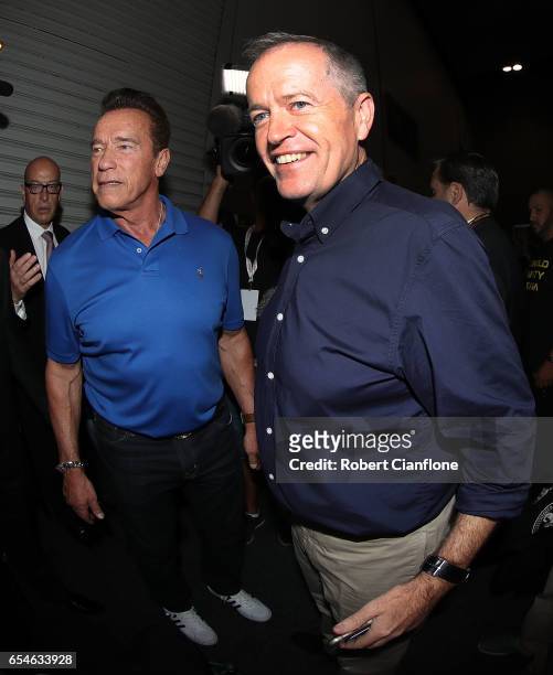 Arnold Schwarzenegger meets Labor leader Bill Shorten during the 2017 Arnold Classic at The Melbourne Convention and Exhibition Centre on March 17,...