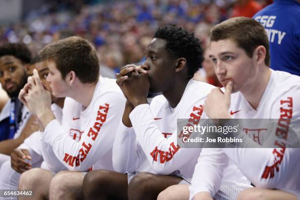 The Dayton Flyers bench reacts in the second half against the Wichita State Shockers during the first round of the 2017 NCAA Men's Basketball...