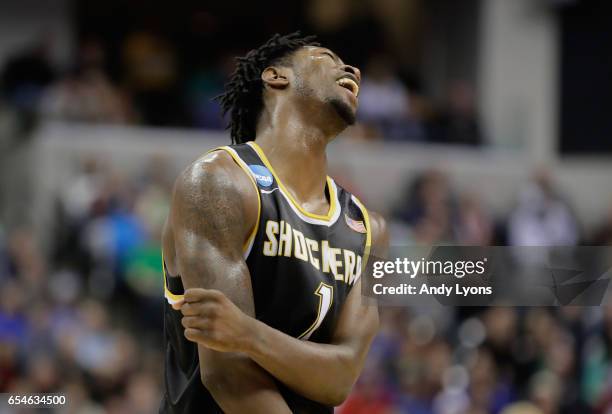 Zach Brown of the Wichita State Shockers reacts in the second half against the Dayton Flyers during the first round of the 2017 NCAA Men's Basketball...