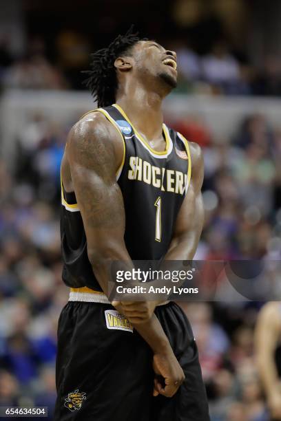 Zach Brown of the Wichita State Shockers reacts in the second half against the Dayton Flyers during the first round of the 2017 NCAA Men's Basketball...
