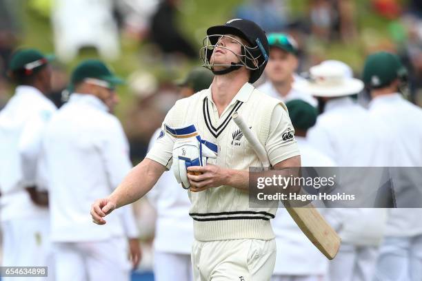 Jimmy Neesham of New Zealand shows his disappointment after being dismissed during day three of the test match between New Zealand and South Africa...