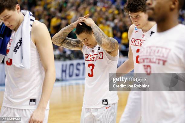 Kyle Davis of the Dayton Flyers walks off the court after being defeated by the Wichita State Shockers 64-58 in the first round of the 2017 NCAA...