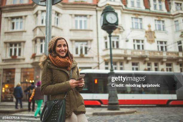 girl in prague - prague tram stock pictures, royalty-free photos & images