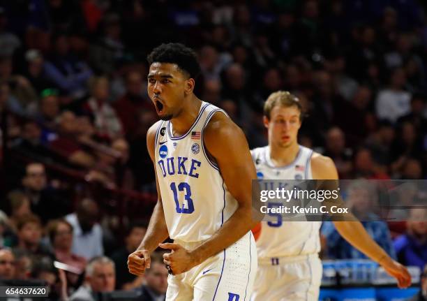 Matt Jones of the Duke Blue Devils reacts after forcing a turnover in the second half against the Troy Trojans during the first round of the 2017...