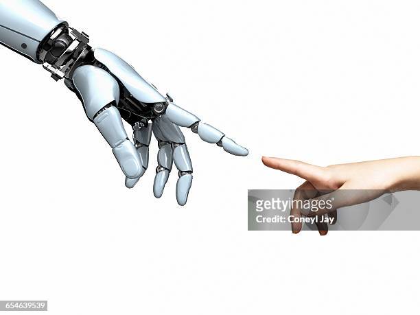 robot hand and child's hand pointing fingertips - touching photos et images de collection