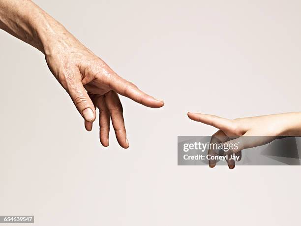 old and young female hands pointing fingertips - menschlicher finger stock-fotos und bilder