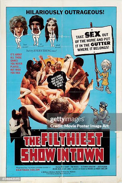 Image contains suggestive content.)A poster for the pornographic film 'Filthiest Show in Town', directed by Richard and Robert Endelson, 1973.