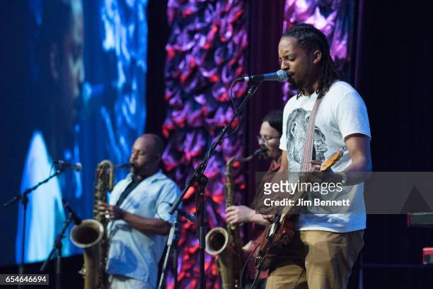 Joseph Woullard, Jason Frey and Joe Lewis of Black Joe Lewis & The Honeybears perform live on the Radio Day Stage during the SxSW Music Festival at...