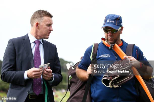 Former international cricketer Craig Cumming speaks to Batting Coach Craig McMillan of New Zealand during day three of the test match between New...