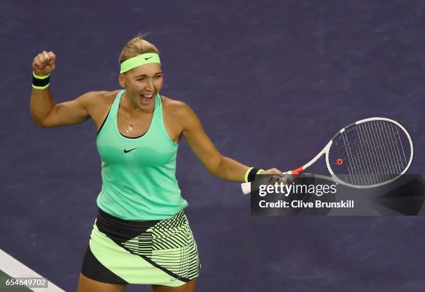 Elena Vesnina of Russia celebrates match point against Kristina Mladenovic of France in their semi final match during day twelve of the BNP Paribas...
