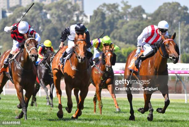 Mark Zahra riding Shoals wins Race 4,TBV, Thoroughbred Breeders Stakes during Melbourne Racing at Flemington Racecourse on March 18, 2017 in...