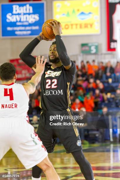 Branden Dawson of the Erie Bayhawks looks to pass over Abdel Nader of the Maine Red Claws on Friday, March 17, 2017 at the Portland Expo in Portland,...