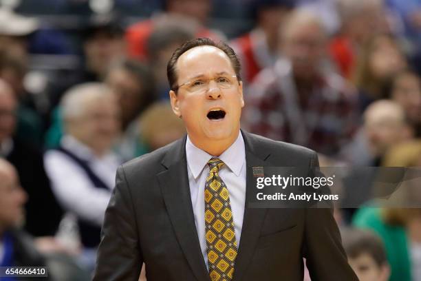 Head coach Gregg Marshall of the Wichita State Shockers reacts against the Dayton Flyers during the first round of the 2017 NCAA Men's Basketball...