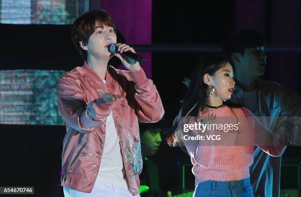 Kyuhyun of South Korean boy group Super Junior performs in his solo concert at AsiaWorld-Expo on March 17, 2017 in Hong Kong, China.