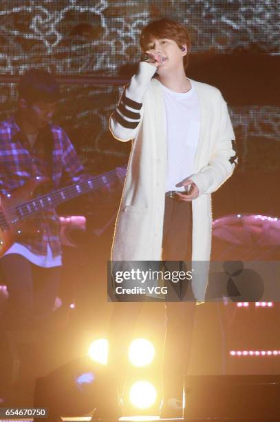 Kyuhyun of South Korean boy group Super Junior performs in his solo concert at AsiaWorld-Expo on March 17, 2017 in Hong Kong, China.