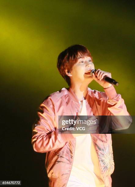 Kyuhyun of South Korean boy group Super Junior performs in his solo concert at AsiaWorld-Expo on March 17, 2017 in Hong Kong, China.