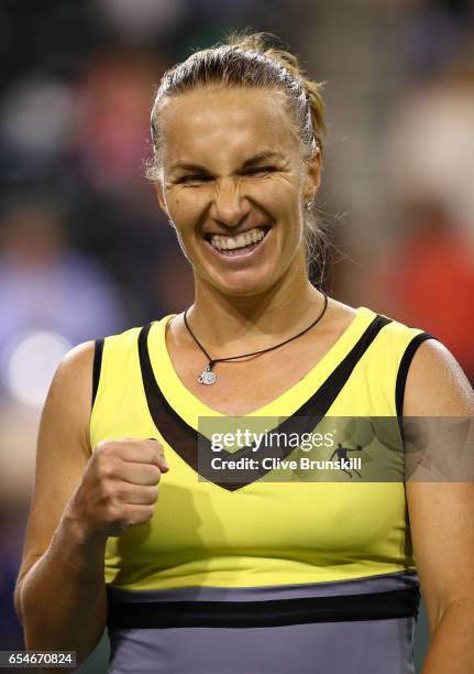 Svetlana Kuznetsova of Russia celebrates to the crowd after her straight sets victory against Karolina Pliskova of the Czech Republic in their semi...