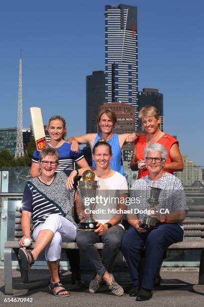 Current Australian Women's cricket captain Meg Lanning poses with former Australian captains Jodie Fields, Belinda Clark, Lyn Larsen, Margaret...