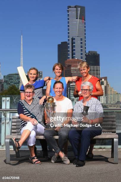 Current Australian Women's cricket captain Meg Lanning poses with former Australian captains Jodie Fields, Belinda Clark, Lyn Larsen, Margaret...