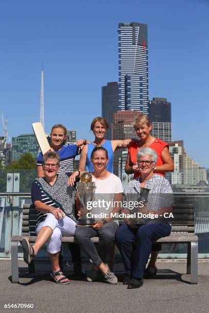 Current Australian Women's cricket captain Meg Lanning poses with former Australian captains Jodie Fields, Belinda Clark, Lyn Larsen, Margaret...