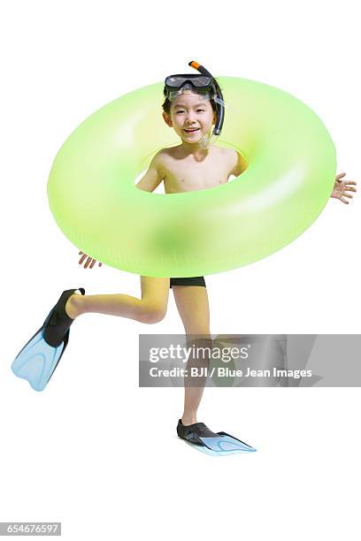 cute boy in swimsuit with swim ring - snorkel white background stock pictures, royalty-free photos & images