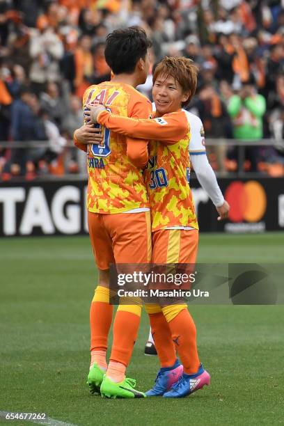 Ryohei Shirasaki of Shimizu S-Pulse celebrates scoring his side's second goal with his team mate Shota Kaneko during the J.League J1 match between...