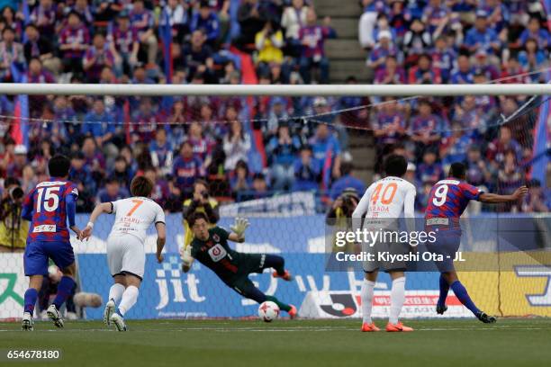 Wilson of Ventforet Kofu converts the penalty to score the opening goal during the J.League J1 match between Ventforet Kofu and Omiya Ardija at...