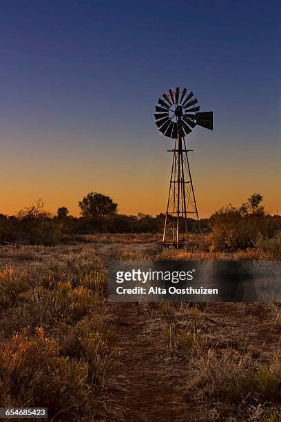 windmill at sunset in the kalahari - kimberley south africa - heritage day south africa stock pictures, royalty-free photos & images