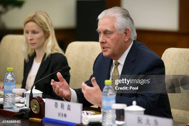 Secretary of State Rex Tillerson talks during a bilateral meeting with Chinese Foreign Minister Wang Yi, not shown, at the Diaoyutai State Guesthouse...